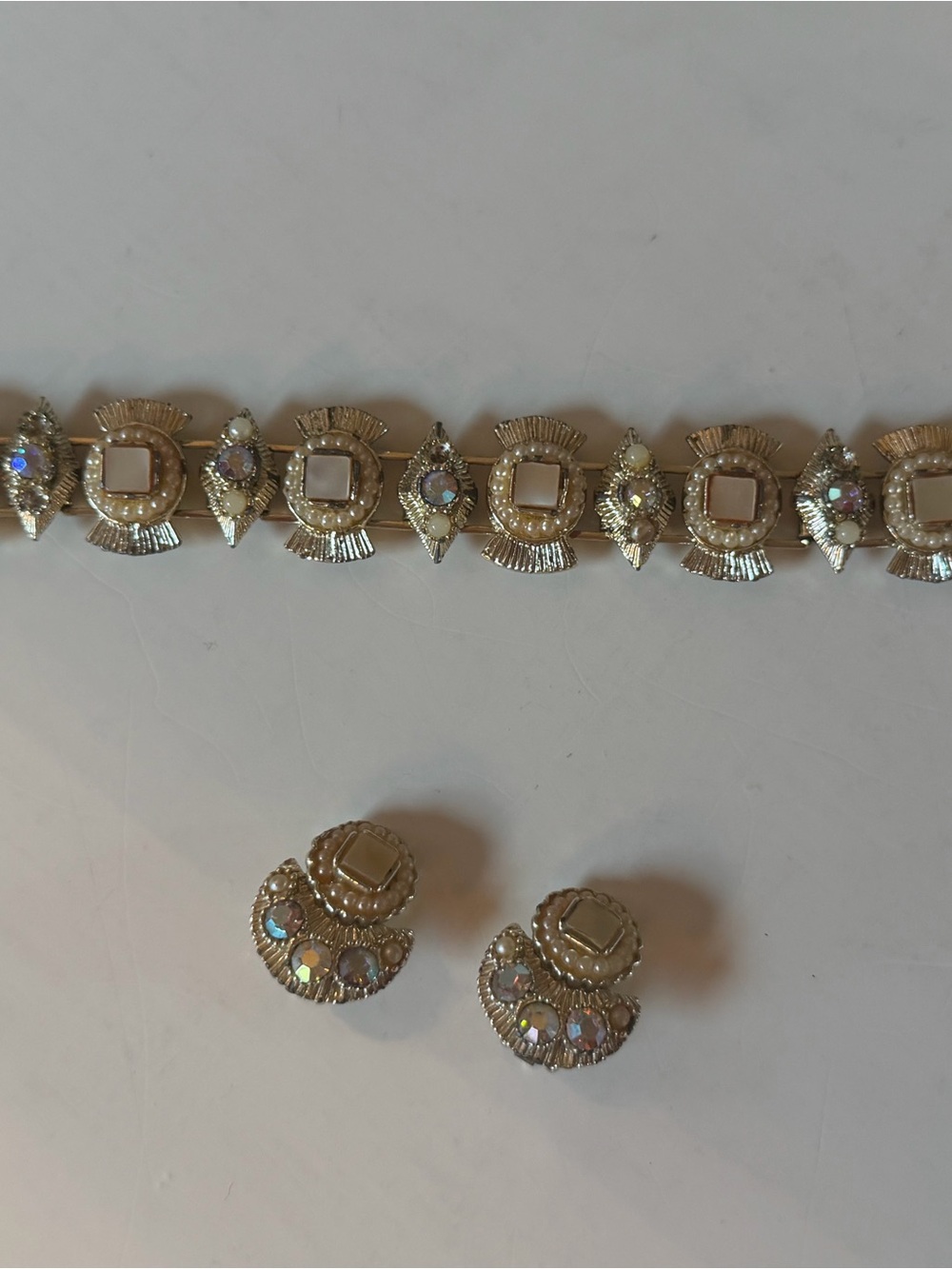 Gold-Tone Aurora Crystal Vintage Statement Bracelet and Clip Earrings Set
